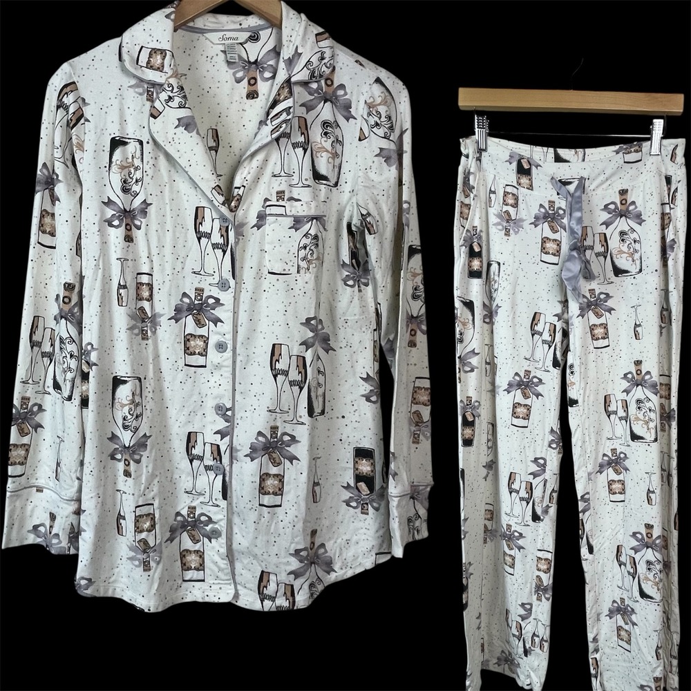 Soma Pajama Set Womens S Champagne Bottle Glass Lounge Long‎ Sleeve Pants White